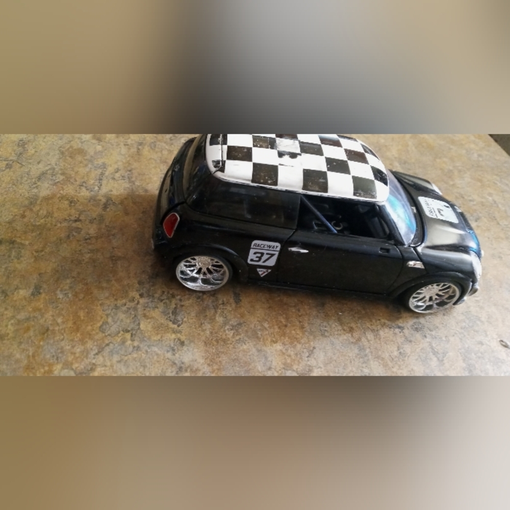 Black Mini Cooper Style Car Model with Checkered Roof - Automotive Decor 1/24 - Picture 7 of 10